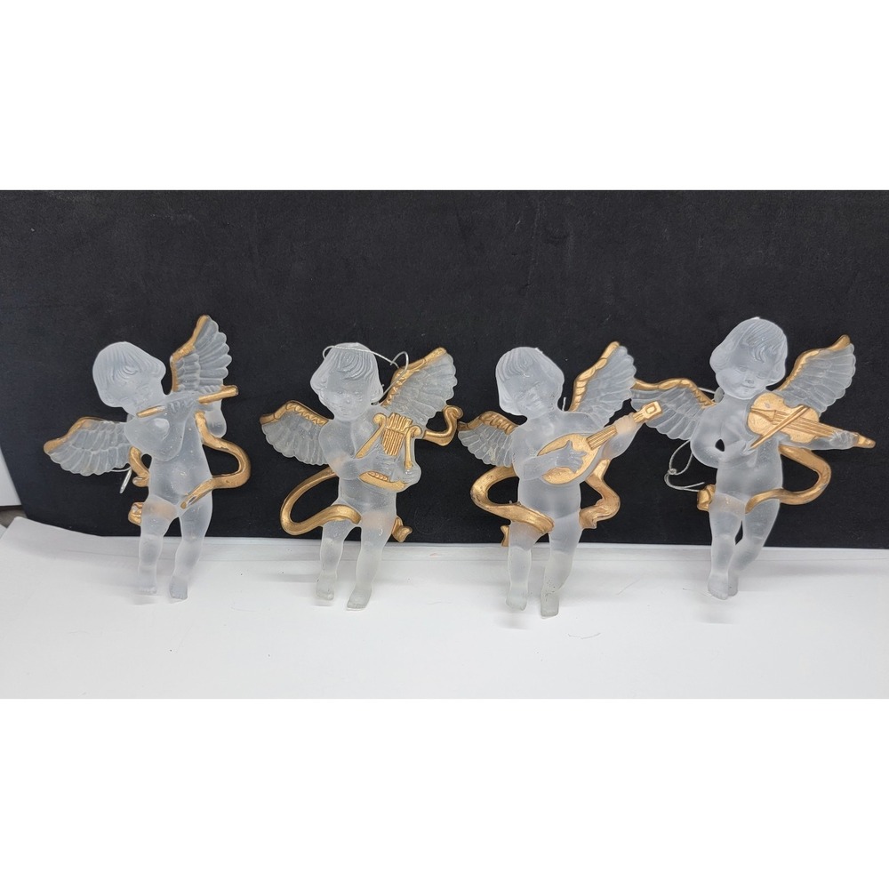 Set Of 4 Vintage  Plastic Frosted Cherub Angels Instruments Christmas Ornaments